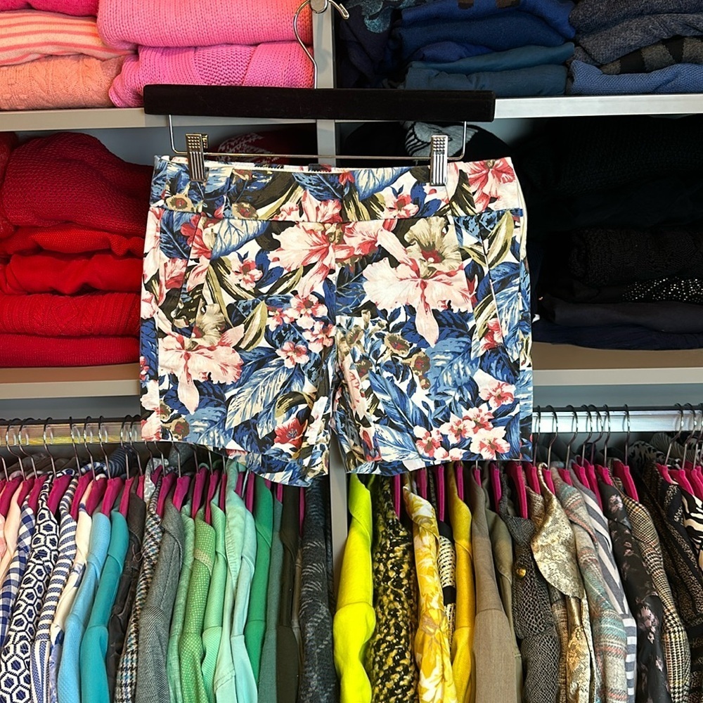 J Crew Blue/Pink/Olive Flower Print 5” Shorts